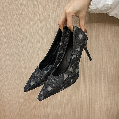 Renda Cetak Musim Panas Ringan Wanita Tunggal Sepatu Hak Tinggi Mulut Dangkal Stiletto