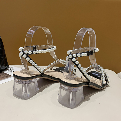 Sandal wanita baru tumit persegi bersol tebal sepatu hak tinggi transparan Mutiara sepatu mewah yang indah sandal musim panas