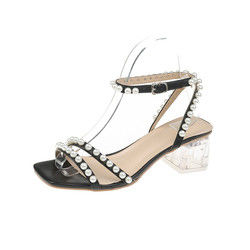 Transparan High Square Heel Sandal Wanita Baru Bersol Tebal Mutiara Indah