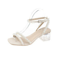 Transparan High Square Heel Sandal Wanita Baru Bersol Tebal Mutiara Indah