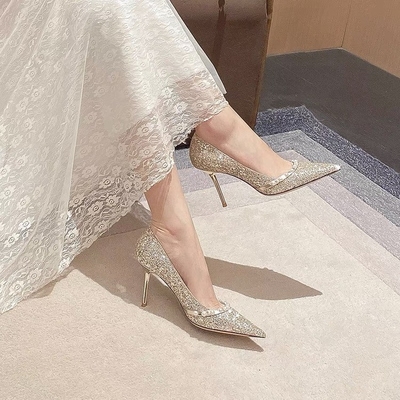Musim Semi Pernikahan Pumps Wanita Emas Mengkilap Kristal Mutiara Sepatu Kulit Domba Sepatu Hak Tinggi Wanita Tumit Tipis