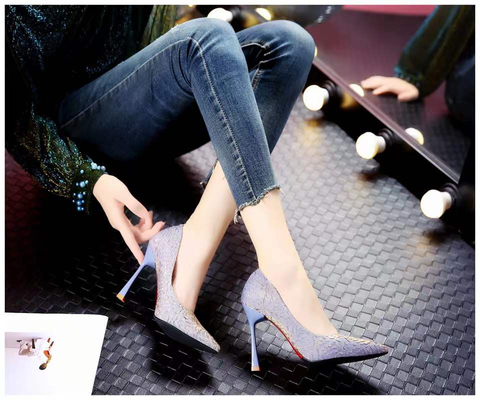 wanita microfiber kepala runcing pompa musim panas Tumit tipis karet sepatu tunggal kasual sepatu hak tinggi elegan bisnis baru