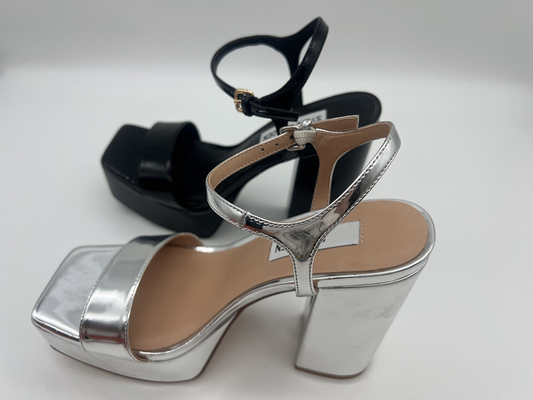 Patent Pu Sepatu Kulit Wanita Ujung Persegi Perak Hitam Tumit Chunky