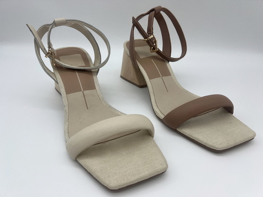 Sandal Kaki Tertutup Beige Tahan Lama, Sandal Tali Pergelangan Kaki Persegi Bertumit Kayu Asli