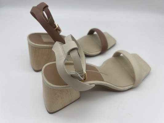 Sandal Kaki Tertutup Beige Tahan Lama, Sandal Tali Pergelangan Kaki Persegi Bertumit Kayu Asli