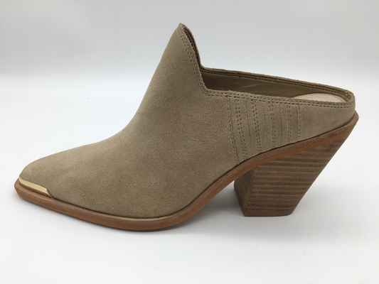 Tan Beige Closed Toe Sepatu Wanita Sepatu Lembut Sapi Suede Chunky Heel Sepatu