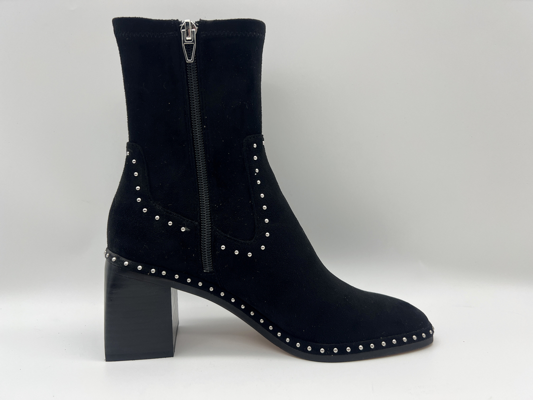 kulit suede lembut dan kain lycra stretch hitam Womens Dress ankle Boots dengan desain ritsleting logam, tumit abs persegi
