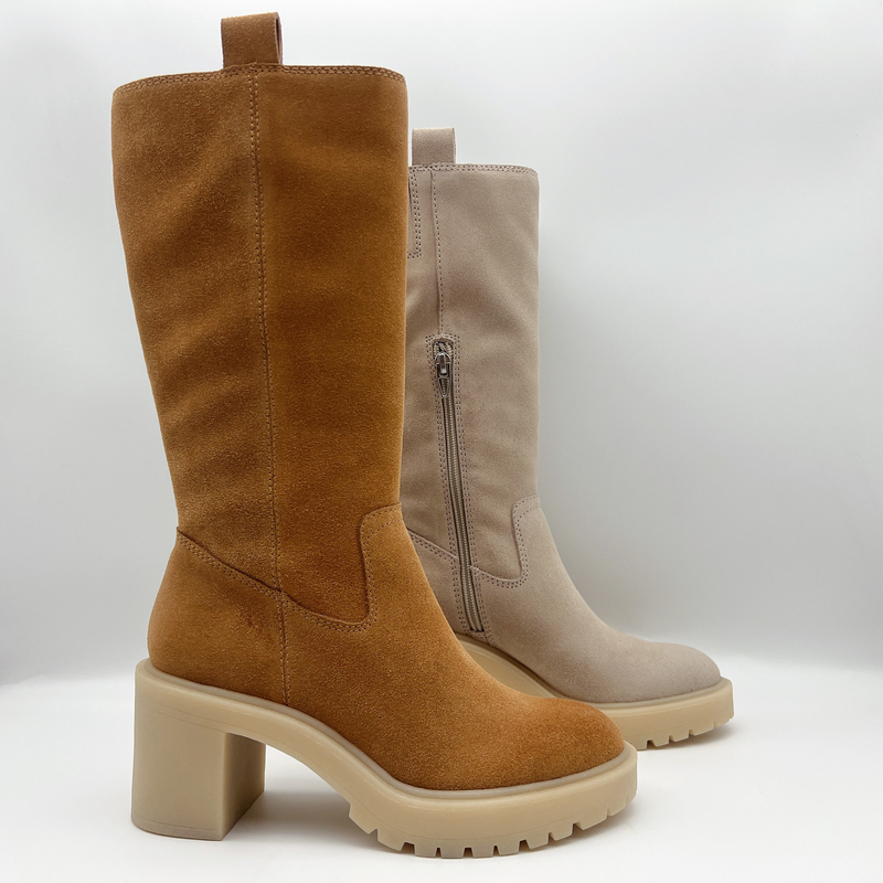 Sepatu Bot Wanita kulit suede lembut berwarna coklat dengan ritsleting logam 3/4 ykk，Satu bagian outsole TPR