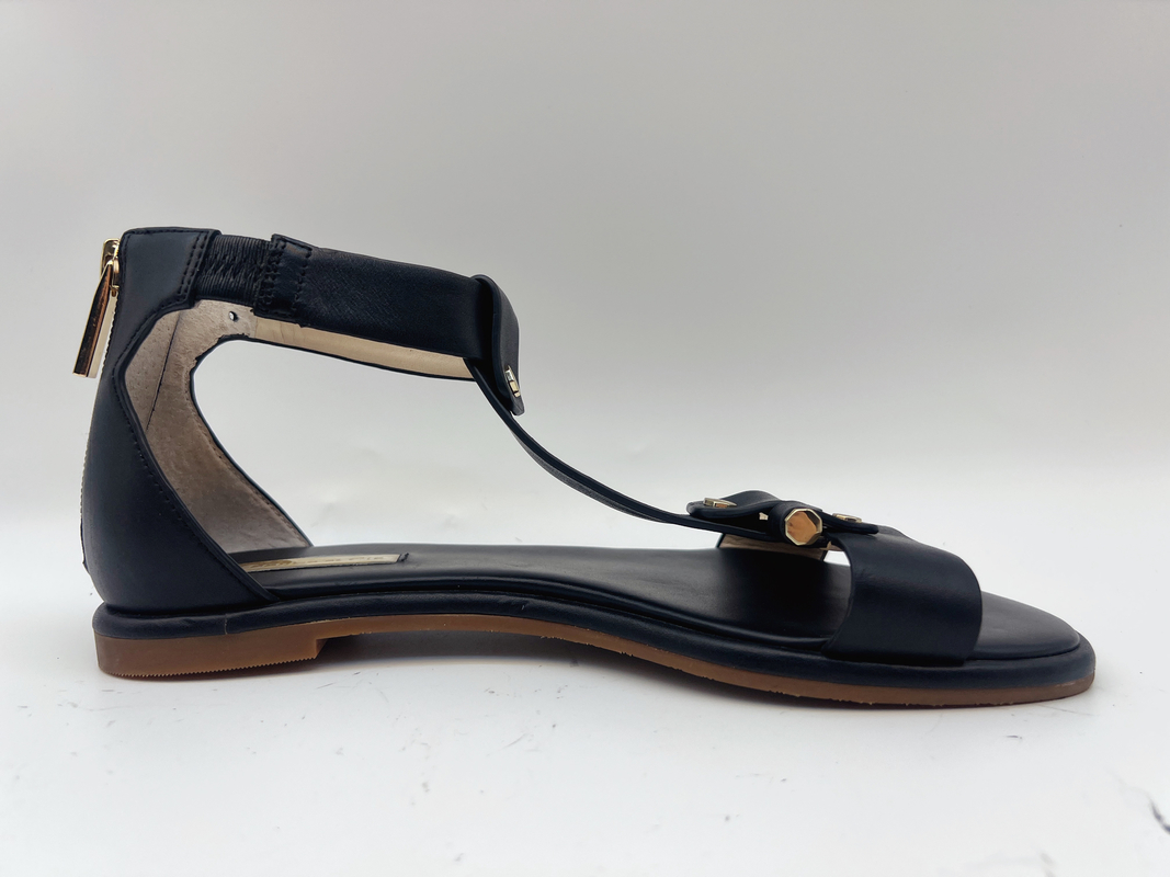 Wanita Hitam T Strap Sepatu Datar Peep Toe Lembut Nappa Kulit Asli Retro Roman Sandal