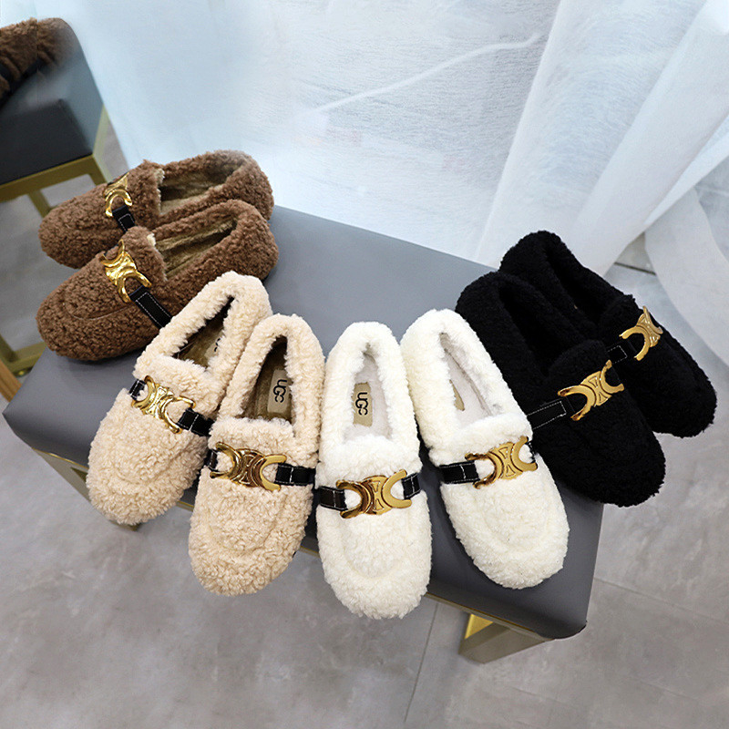Sepatu Wol Domba Scoop Bertumit Rendah Ditambah Beludru Katun Hangat Untuk Musim Gugur Dan Musim Dingin