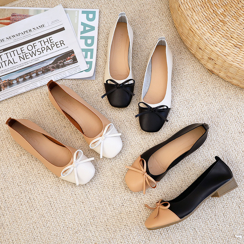 Wanita Telanjang Kenyamanan Pompa Colorblock Flat Shoes, Flat Busur Kulit Busana