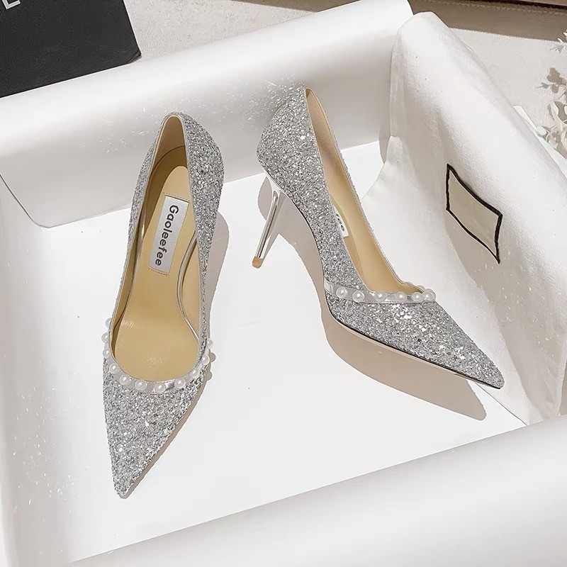 Musim Semi Pernikahan Pumps Wanita Emas Mengkilap Kristal Mutiara Sepatu Kulit Domba Sepatu Hak Tinggi Wanita Tumit Tipis